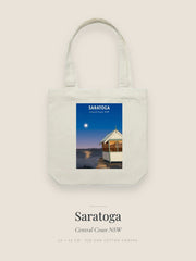 Saratoga tote bag — the Saratoga poster design in sand on cream cotton canvas