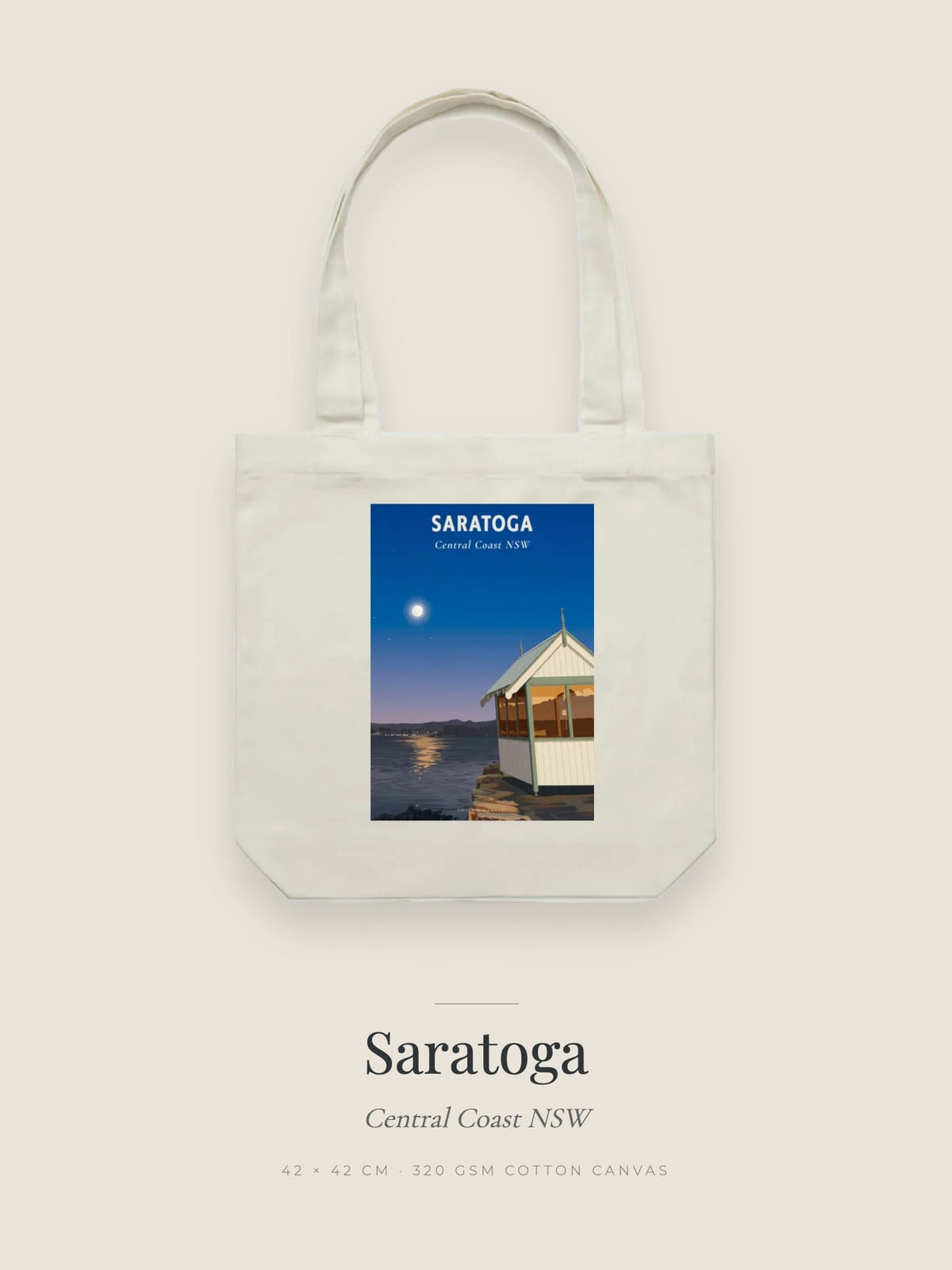 Saratoga tote bag — the Saratoga poster design in sand on cream cotton canvas