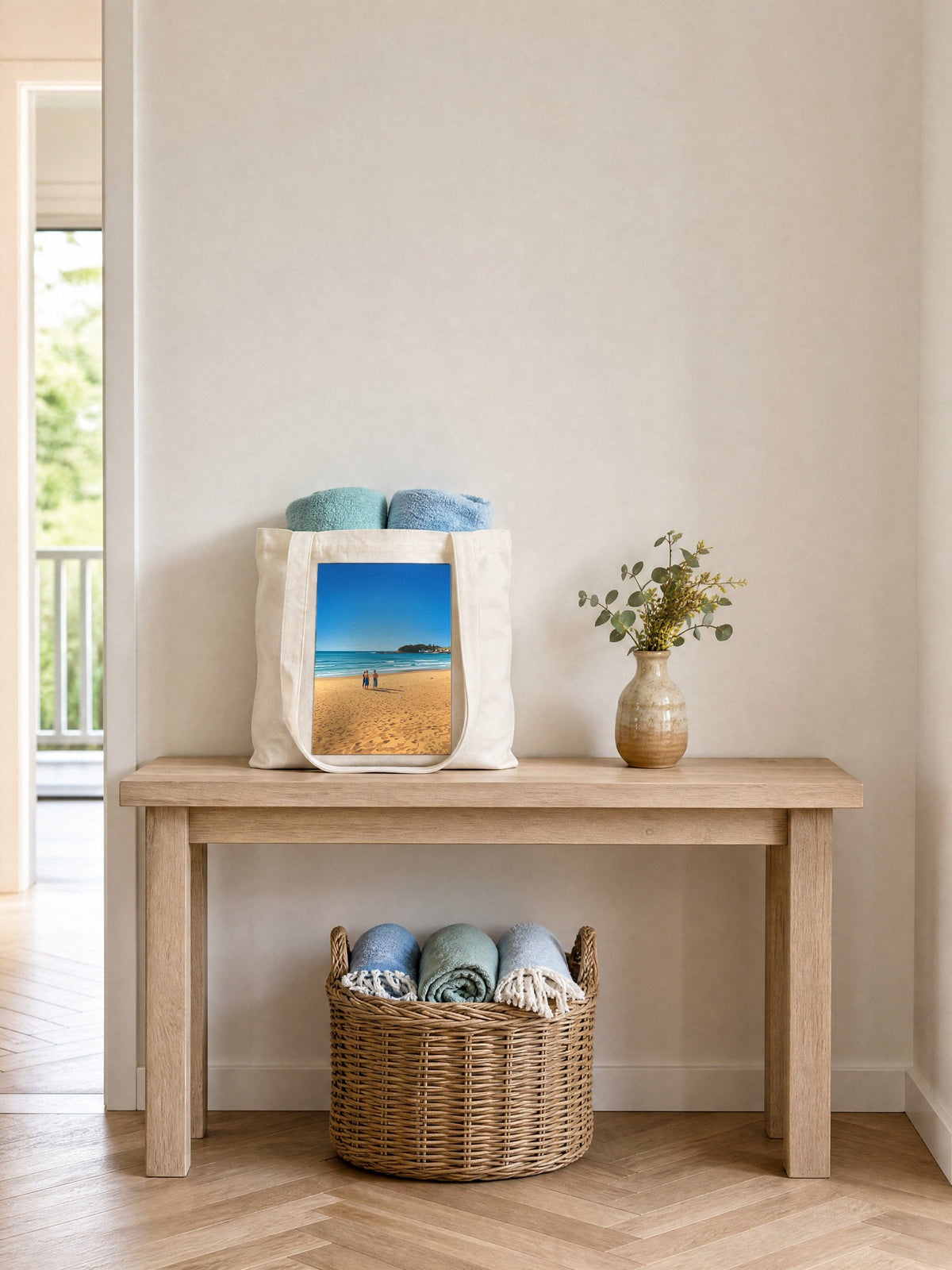 Shoreline Gathering tote bag on an entry hall table, cream cotton canvas printed with the Shoreline Gathering artwork
