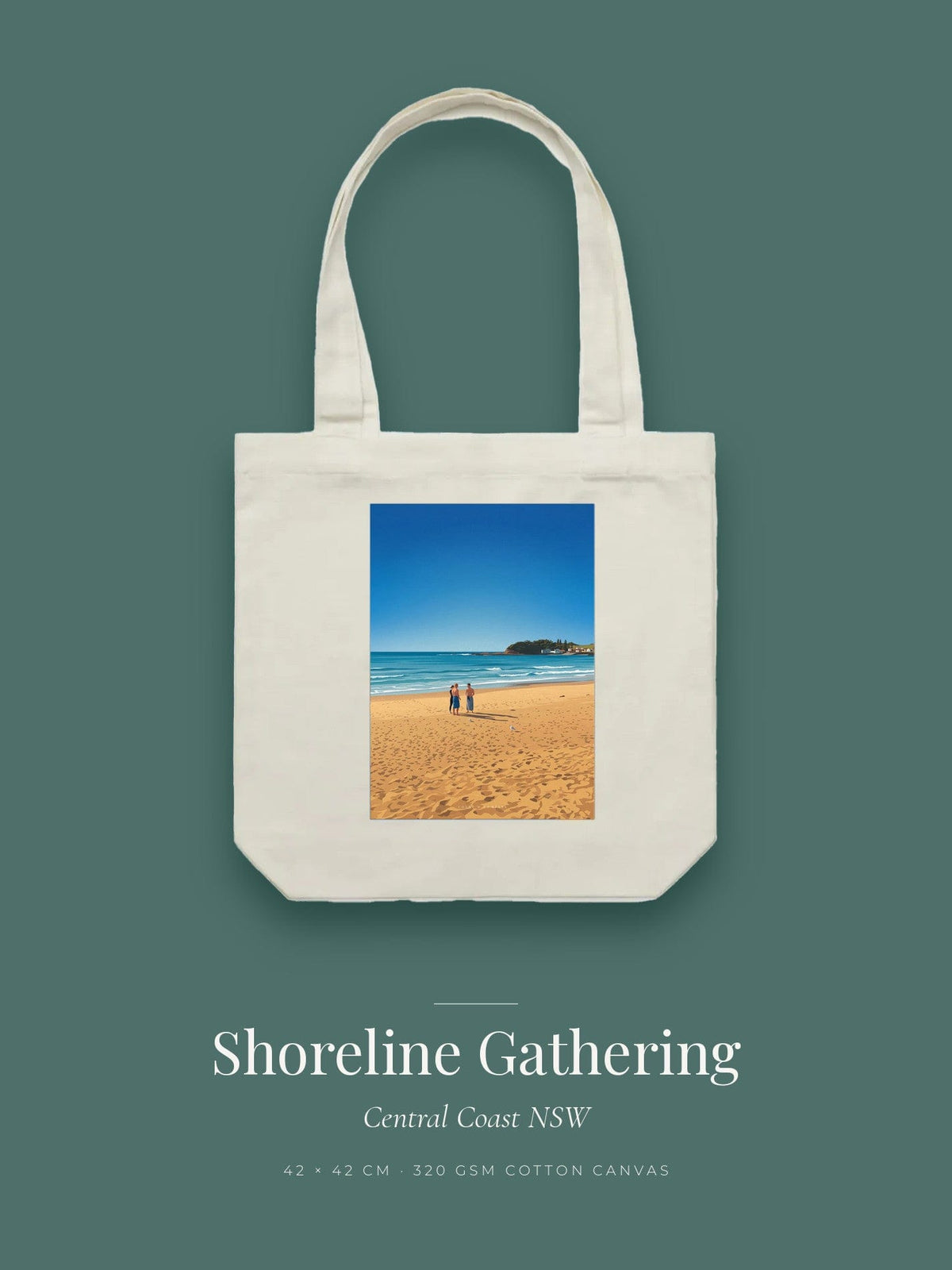 Shoreline Gathering artwork printed on a cream cotton canvas tote bag — three figures pausing for a chat on an empty beach
