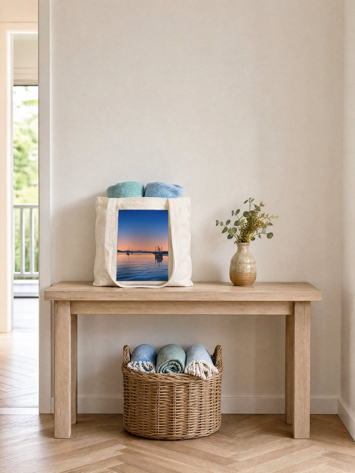 Still Waters tote bag on an entry hall table, cream cotton canvas printed with the Still Waters artwork