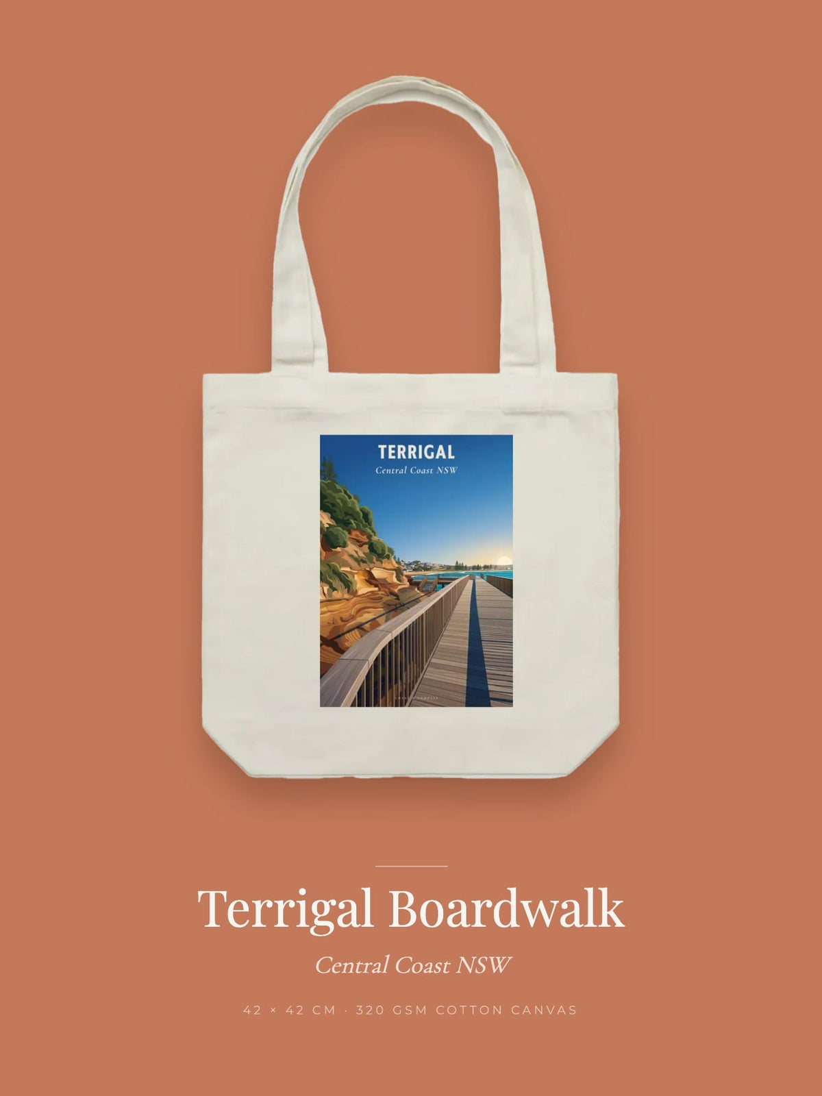 Terrigal Boardwalk tote bag — the Terrigal Boardwalk poster design in terracotta on cream cotton canvas