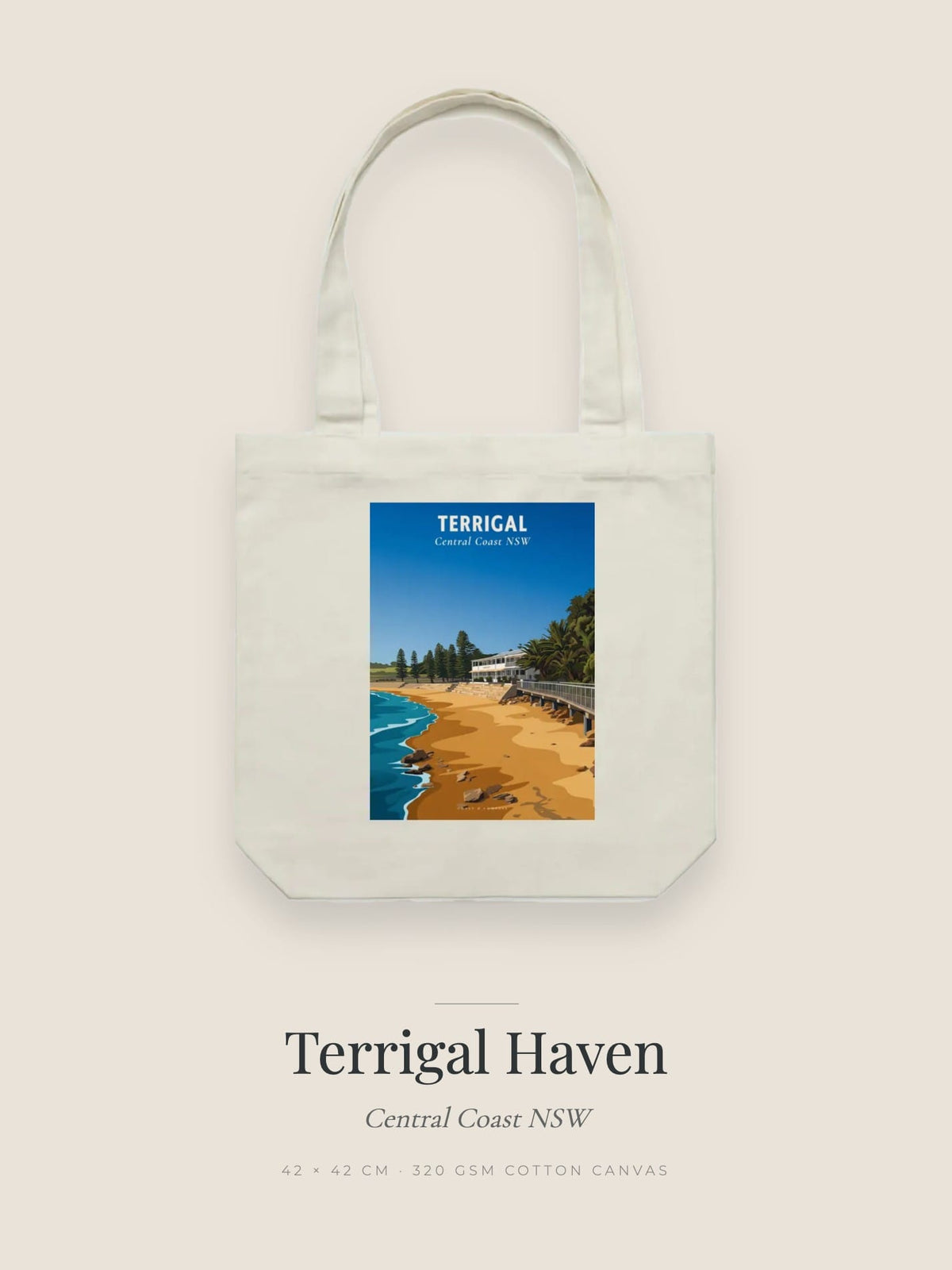 Terrigal Haven Beach tote bag — the Terrigal Haven Beach poster design in sand on cream cotton canvas
