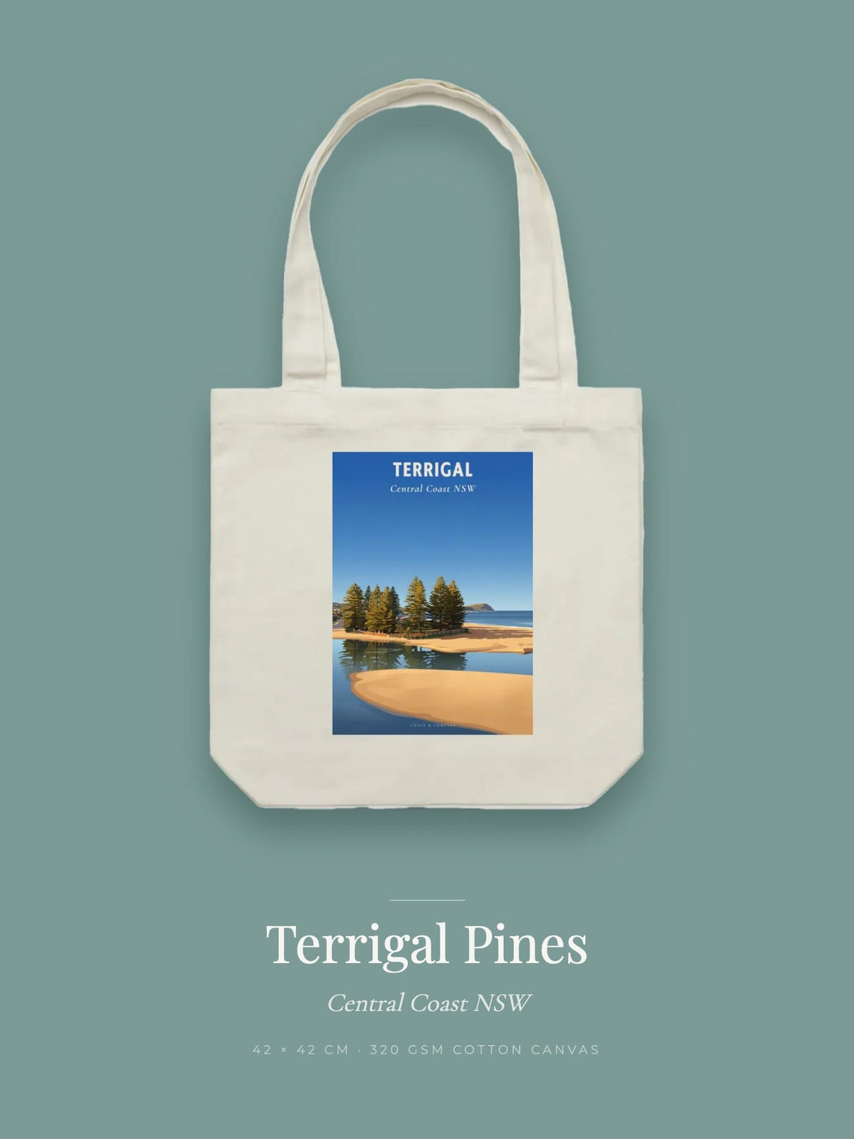 Terrigal Pines tote bag — the Terrigal Pines poster design in sage on cream cotton canvas
