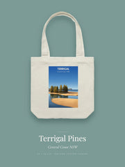 Terrigal Pines tote bag — the Terrigal Pines poster design in sage on cream cotton canvas