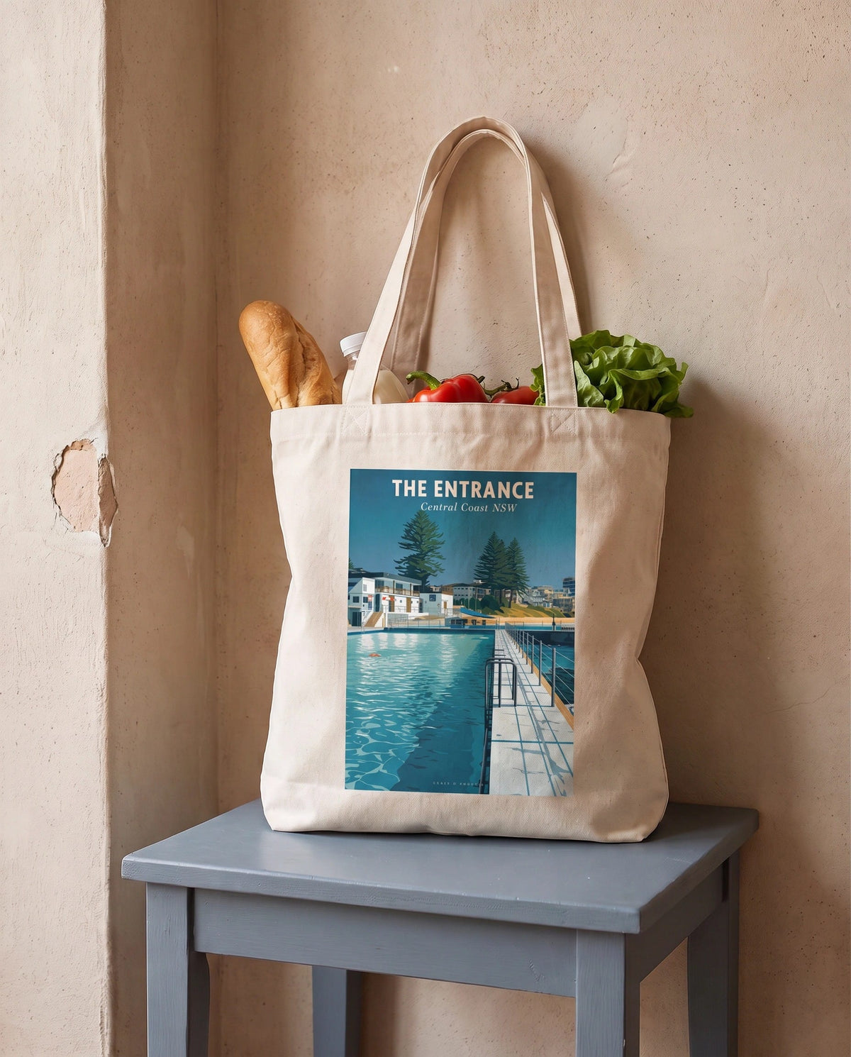 Coast & Compass The Entrance tote bag packed with fresh groceries, cream cotton canvas printed with The Entrance Central Coast NSW poster design