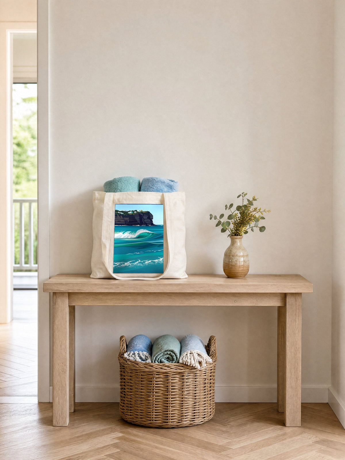 Turquoise Break tote bag on an entry hall table, cream cotton canvas printed with the Turquoise Break artwork