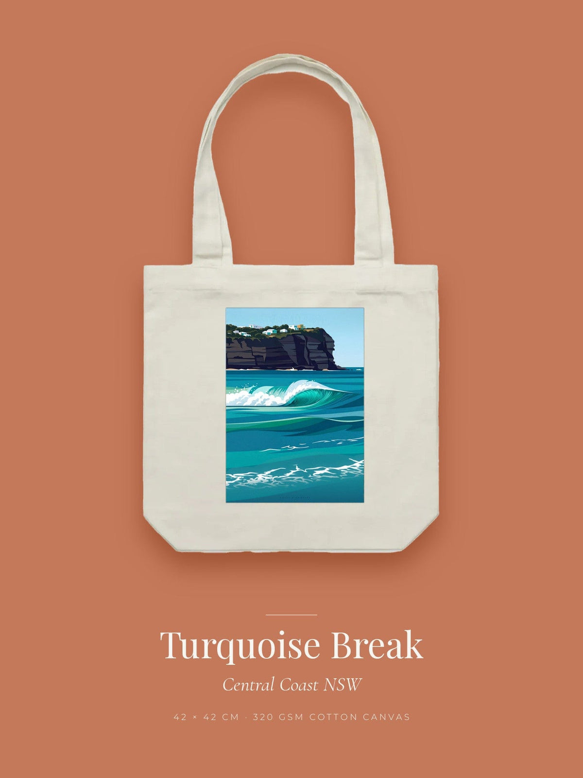 Turquoise Break artwork printed on a cream cotton canvas tote bag — a turquoise wave peeling below sandstone cliffs