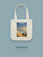 Wamberal tote bag — the Wamberal poster design in powder blue on cream cotton canvas