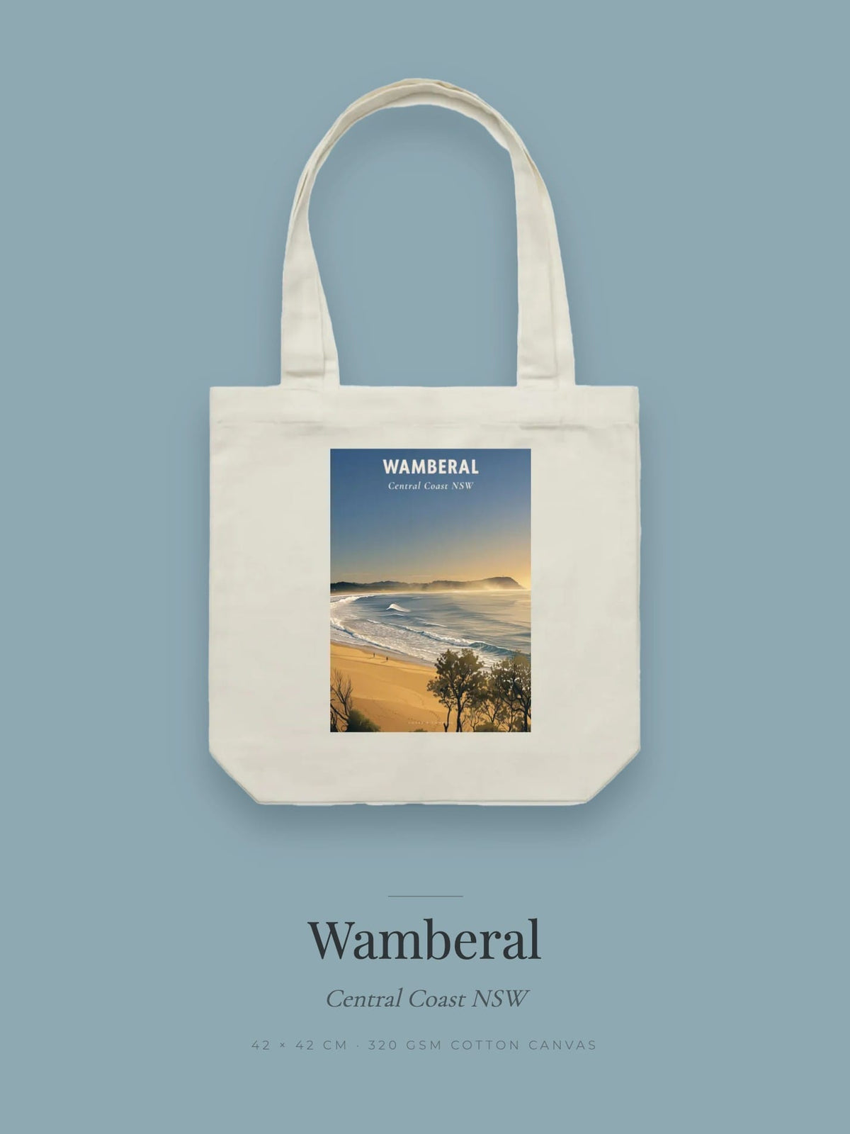 Wamberal tote bag — the Wamberal poster design in powder blue on cream cotton canvas